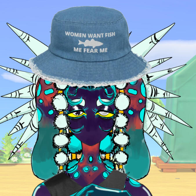 a picture of the bunny-urchin rett wearing a hat that says "women fear me- fish want me-" with a beach background. He is also wearing a tank top- that's partially cut off that says "i have a gun, and am schizophrenic" in rainbow letters.